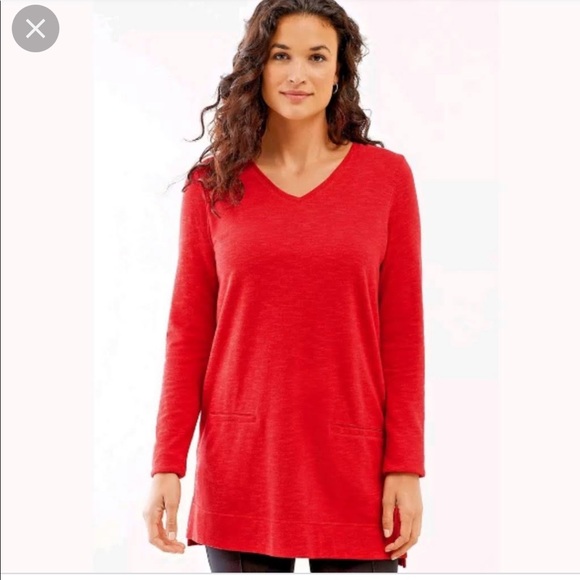 J. Jill Sweater Size Small Red V-Neck Pocketed Tunic Top 100% Cotton - Picture 1 of 12